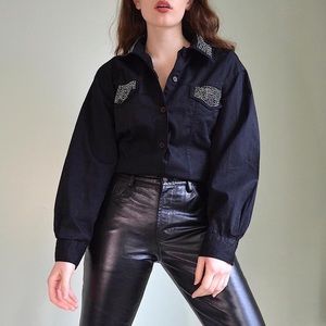 vintage 1980s keren hart black with rhinestones long sleeve button down shirt